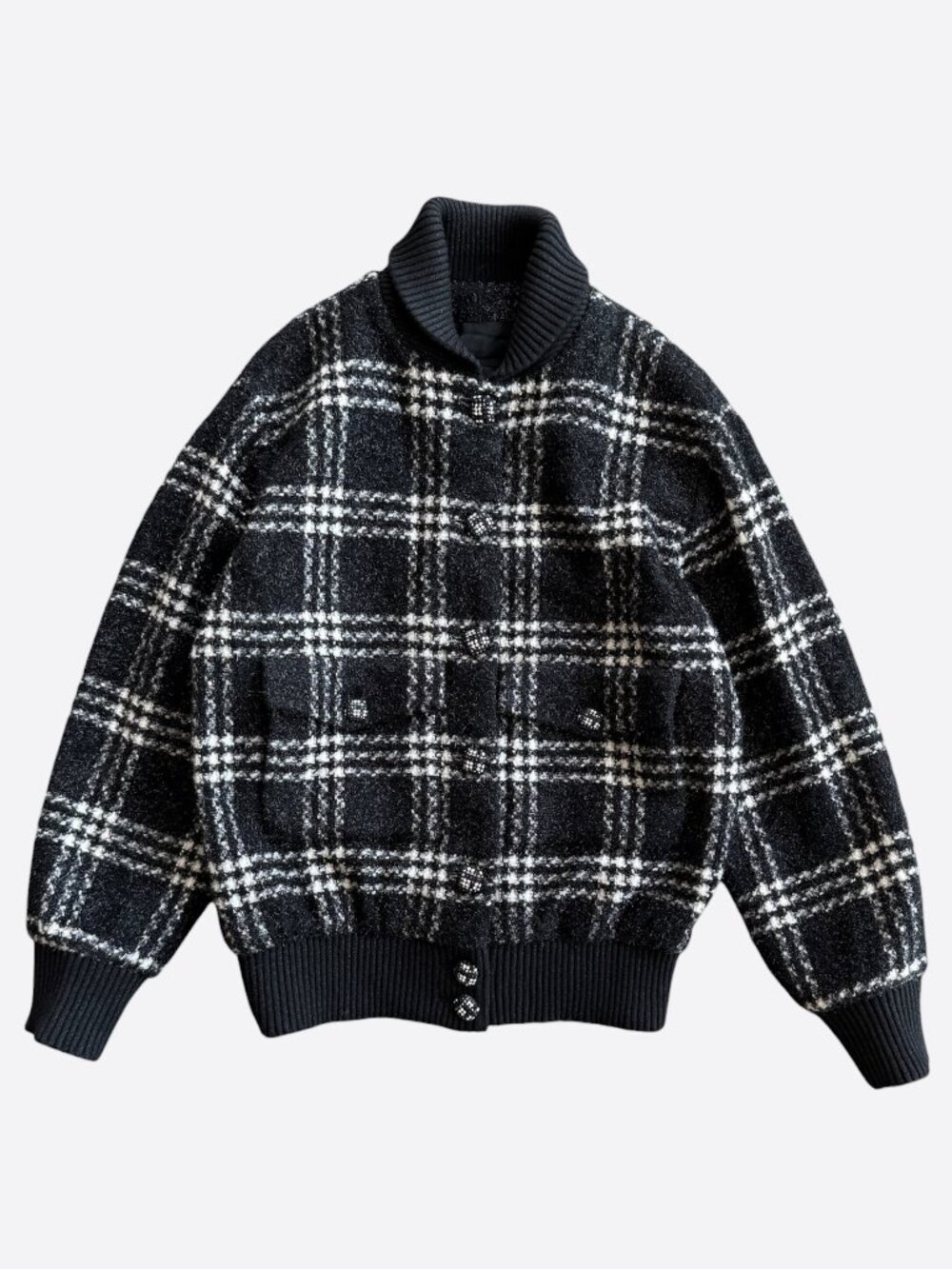 Chanel Black & White Plaid Tweed Women's Bomber Jacket